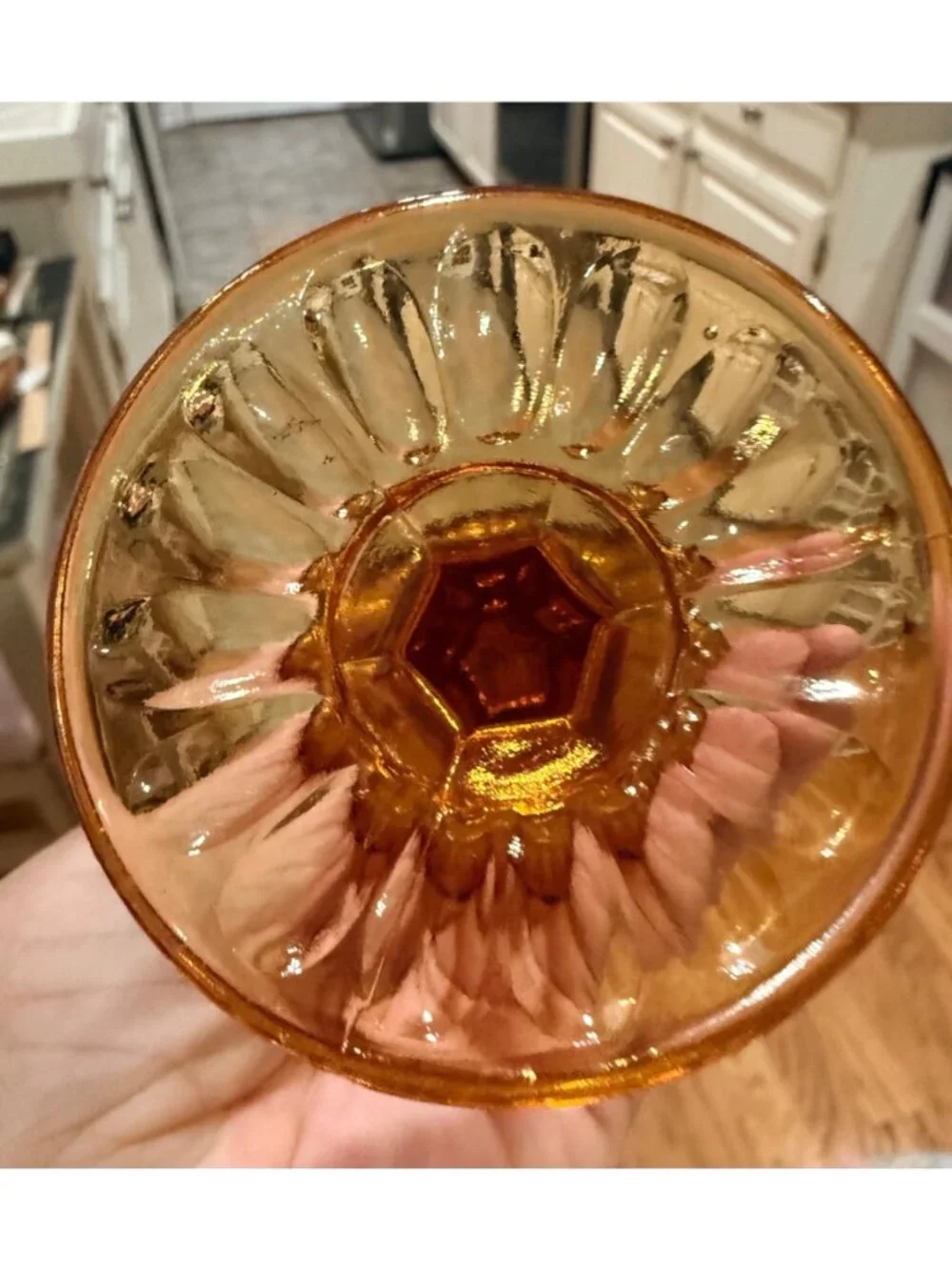 Honey Amber Fenton Thumbprint Colonial Swung MCM Vase on footed base
